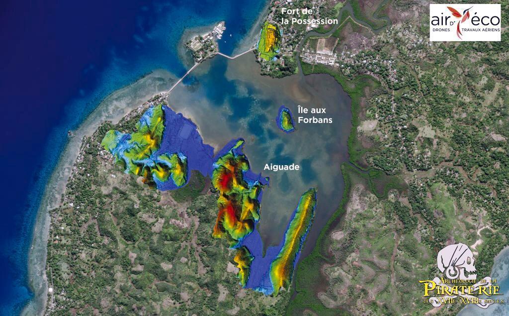 Modèle numérique de terrain des zones testées par le LiDAR, baie d’Ambodifotatra sur l’île Sainte-Marie. Six zones ont été testées, notamment l’Aiguade (zone 3), l’île aux Forbans (zone 4) et le Fort de la Possession (zone 6).