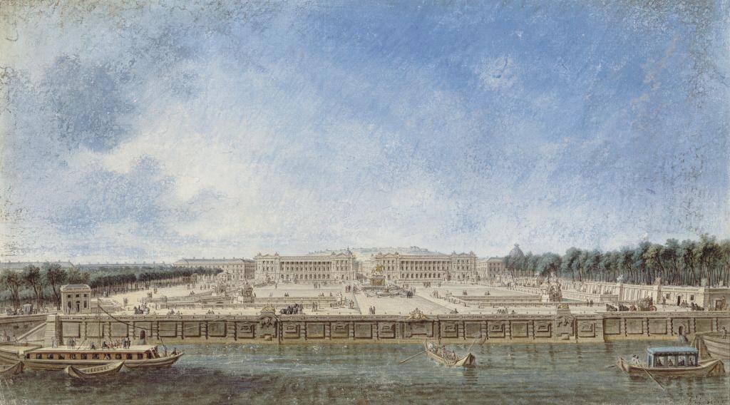 Nicolas Pérignon, Vue générale de la place Louis XV depuis la Seine, vers 1770. Plume et encre de Chine, aquarelle et gouache, 28,7 x 51,8 cm. Paris, Bibliothèque nationale de France. 