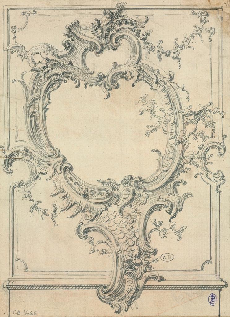 Nicolas Pineau, Projet de cartouche orné de rocailles et fleurs, vers 1735. Graphite, plume et encre noire sur papier vergé, 21,8 x 16 cm. Paris, MAD – musée des Arts décoratifs.