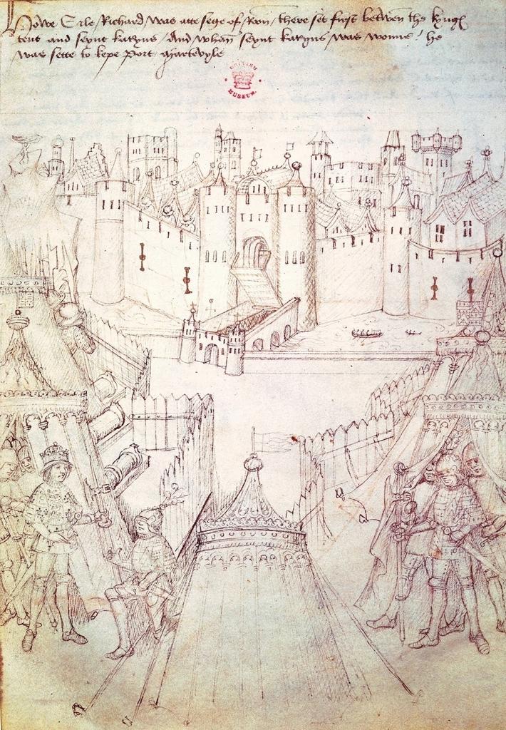 Siège de Rouen de 1418-1419 : le camp de Henri V au premier plan et la porte Saint-Hilaire au second. Enluminure extraite de The Pageants of Richard Beauchamp, Earl of Warwick, XVe siècle. Londres, British Library, ms Cotton Jul. E IV, fol. 19v.