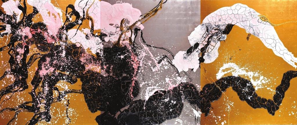 Takehiko Sugawara, Miharu. Pigments naturels sur papier washi monté sur panneau, 227 x 545 cm.