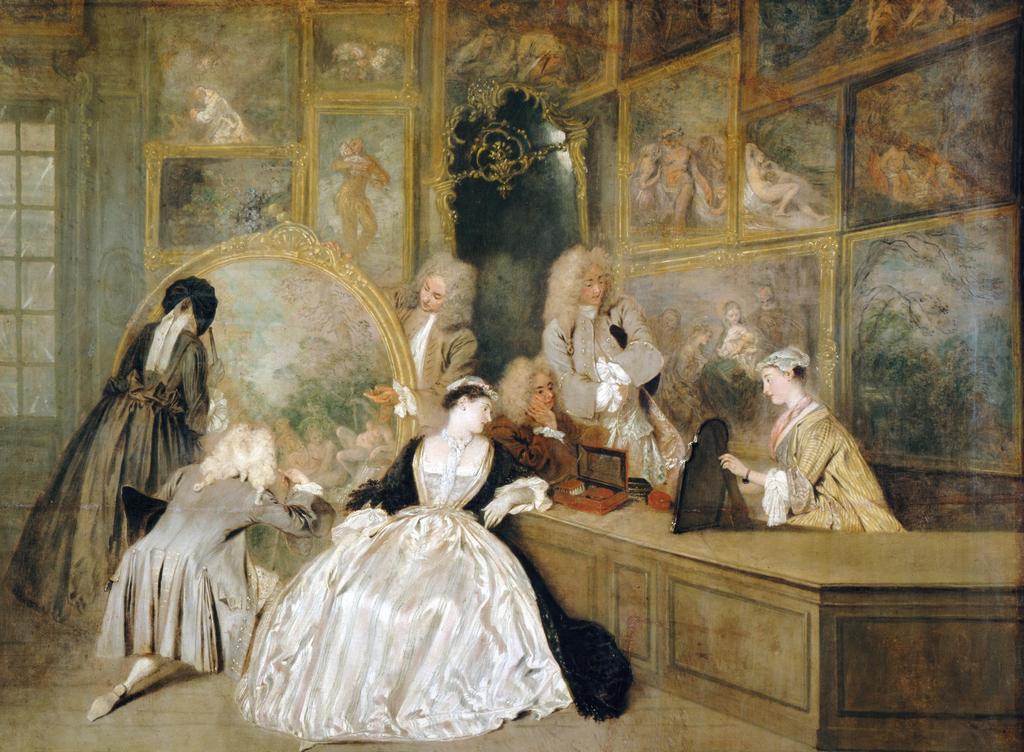 Antoine Watteau, L’Enseigne, dit aussi L’Enseigne de Gersaint, 1720. Huile sur toile, 163 x 308 cm. Berlin, Stiftung Preussische Schlösser und Gärten, Schloss Charlottenburg.