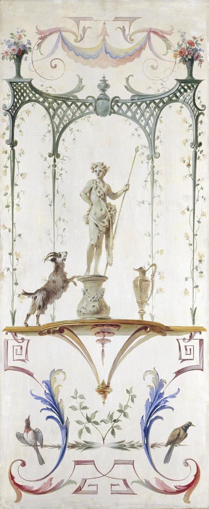 Antoine Watteau, Le Faune. Huile sur bois, 88 x 39 cm. Valenciennes, musée des Beaux-Arts. Ce panneau est l’un des deux témoignages qui subsistent de la participation du jeune Watteau au décor de l’hôtel de Nointel, où il mêle arabesques, mythologie et saynètes amoureuses.