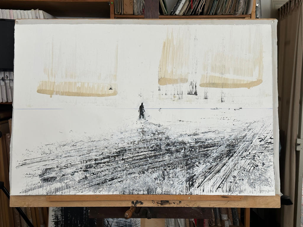 Jean Anguera (né en 1953), Homme assis dans la plaine, 2009, encre de Chine et trait bleu sur papier Hahnemühle, 39,5 x 107 cm.