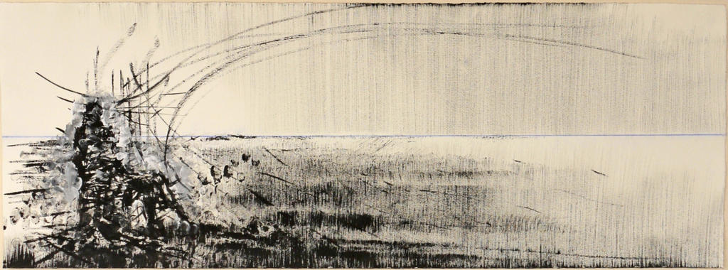 Jean Anguera (né en 1953), L’Homme jusqu’à la plaine, blancheur, 2016, acrylique, encre de Chine, résine et trait bleu sur papier Hahnemülhe, 81 x 122 cm.