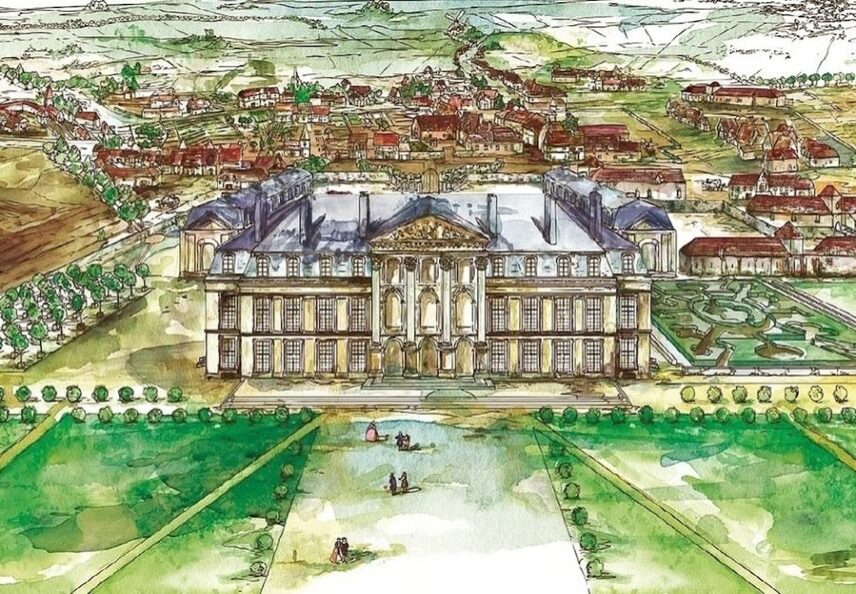 Matthieu Appriou, Restitution du château et du village de Roissy-en-France au XVIIIᵉ siècle. Aquarelle.