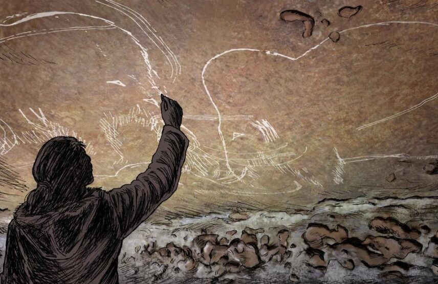 Évocation de réalisation de peintures rupestres dans la grotte de Rouffignac.