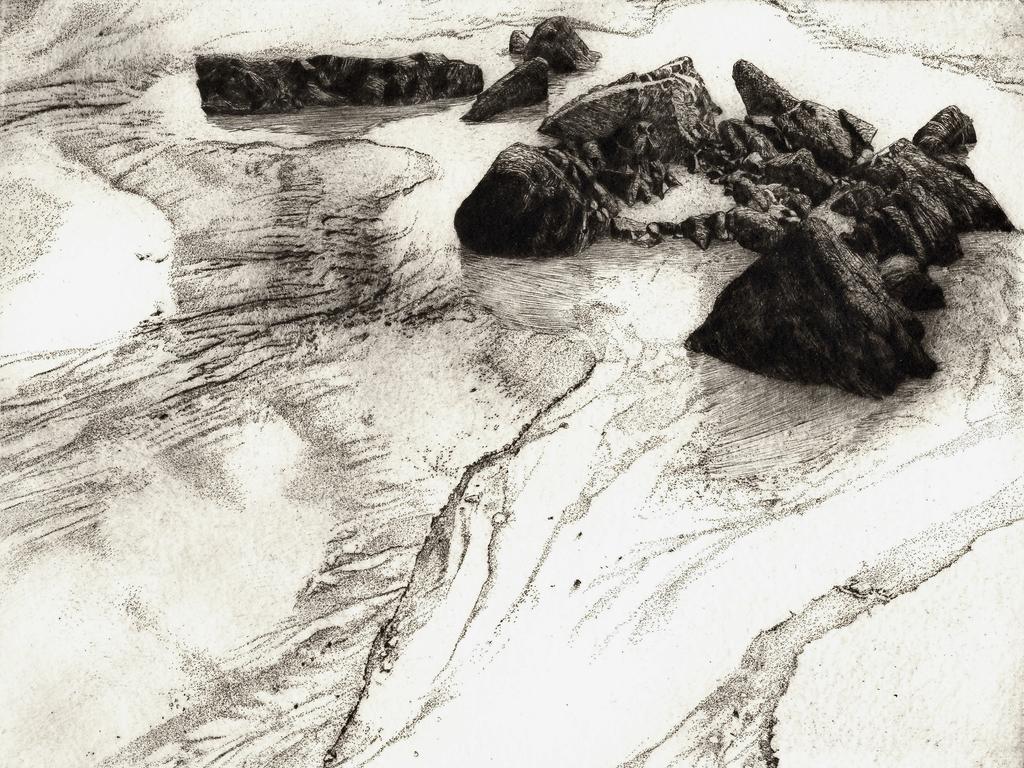 Erik Saignes, Les Gisants 1, 2023, pointe sèche, 22 x 30 cm, impression sur papier fabriqué par l’artiste (feuille 35 x45 cm).