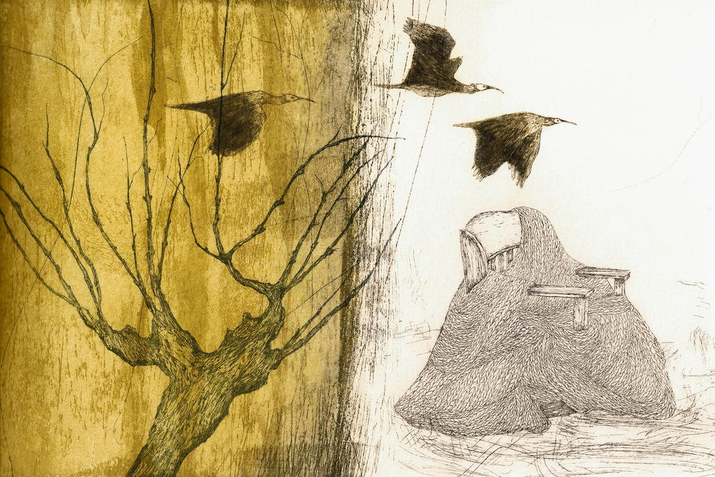 Viviane Michel, Je m'absente un instant, 2024, eau-forte et aquatinte sur cuivre, superposition de trois plaques, impression sur papier Tiepolo Fabriano, n° 7/15, 20 x 30 cm. 