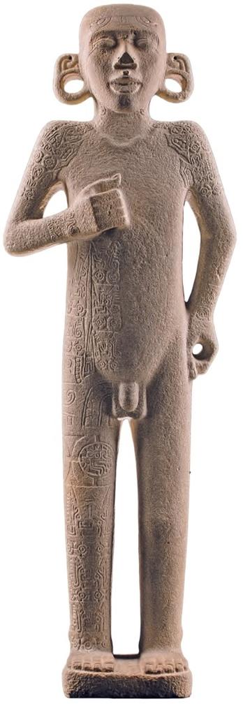 « Adolescent huastèque ». Figure masculine avec personnage porté dans le dos, 900-1521. Site de Tamohi, Mexique. Grès.