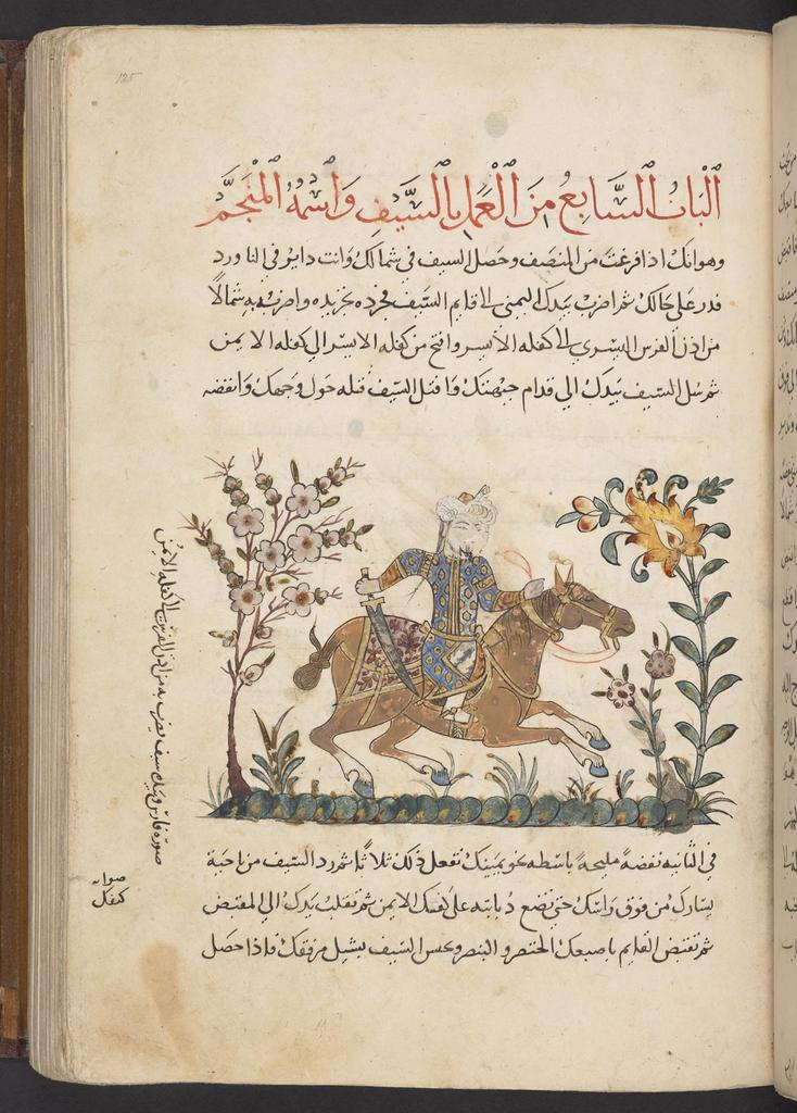 Al-Aqsara’i (m.1348), Traité de furusiyya, Égypte ou Syrie, 1371. Manuscrit en arabe ; encre et pigments sur papier, 31,2 x 21,4 cm. Londres, British Library. 