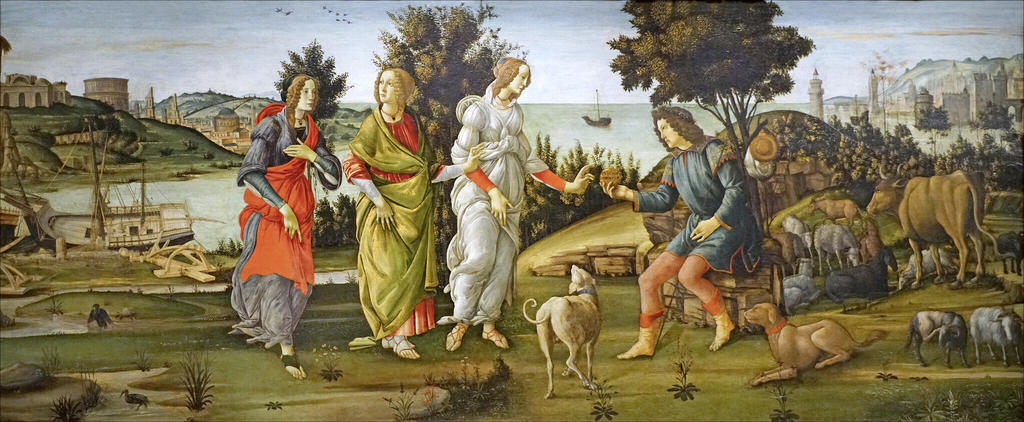 Botticelli et atelier, Le Jugement de Pâris, vers 1482-1485. Tempera sur bois, 81 x 197 cm. Venise, Fondazione Giorgio Cini, Galleria di Palazzo Cini.