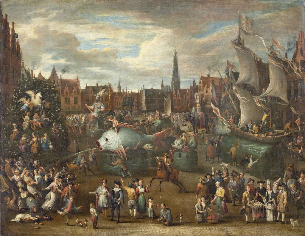 Alexander van Bredael (1663-1720), Fête traditionnelle à Anvers avec le géant Druon Antigon, XVIIᵉ siècle. Huile sur toile. Lille, musée de l’Hospice Comtesse. 