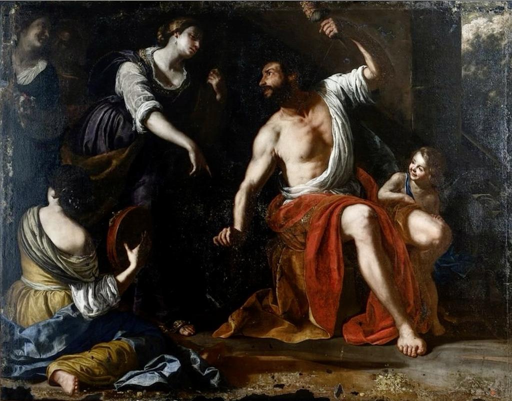 Artemisia Gentileschi (1593-1654), Hercule et Omphale (œuvre presque entièrement restaurée), vers 1635-1637. Huile sur toile, 200 x 250 cm. Beyrouth, collections du palais Sursock.