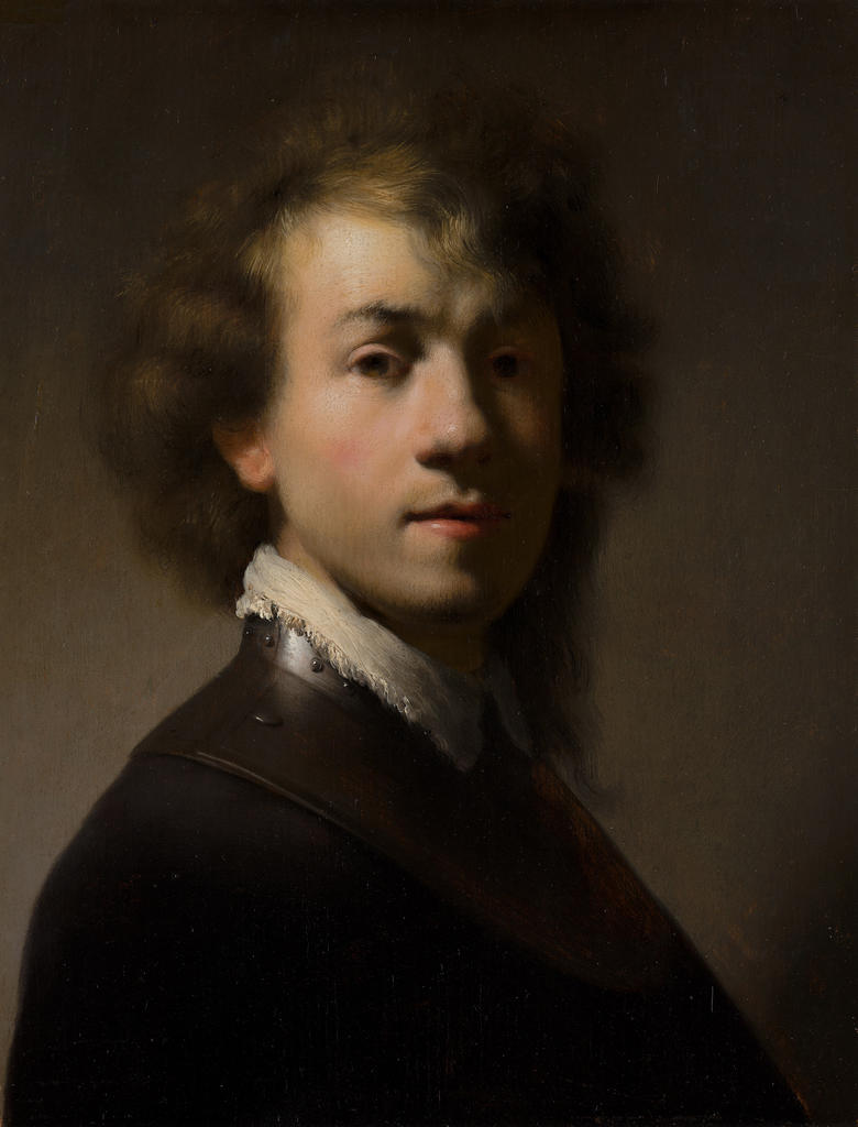 Copie d’atelier d’après Rembrandt, Portrait de Rembrandt au gorgerin, vers 1629. Huile sur bois, 37,9 x 28,9 cm. La Haye, Mauritshuis. 
