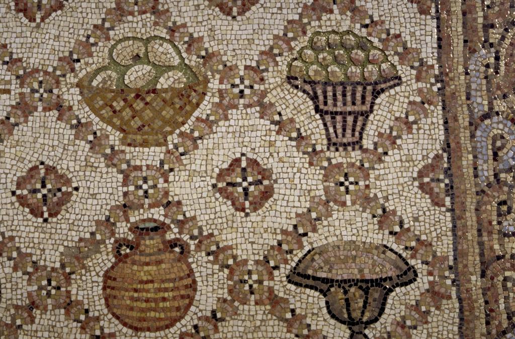 Détail de la mosaïque gastronomique du site de Jabaliyah.