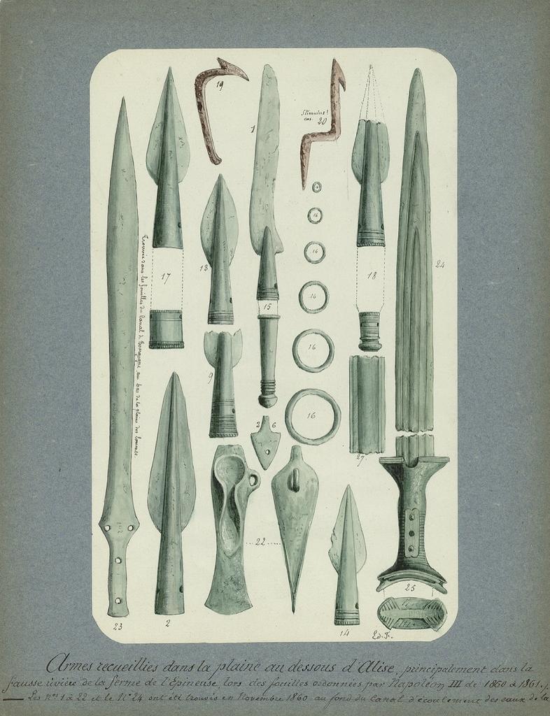 Édouard Flouest, « Armes recueillies dans la plaine au‑dessous d’Alise », sans date [après 1861]. Dessin à l’encre rehaussé à l’aquarelle, contrecollé sur papier cartonné, signé Ed. F. Saint‑Germain‑en‑Laye, musée d’Archéologie nationale.