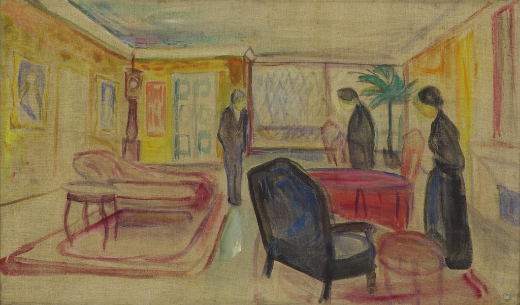 Edvard Munch, Esquisse pour un décor des Revenants d’Ibsen, pièce mise en scène par Reinhardt, 1906. Tempera sur toile sans apprêt, 60,5 x 102 cm. Oslo, Munchmuseet.