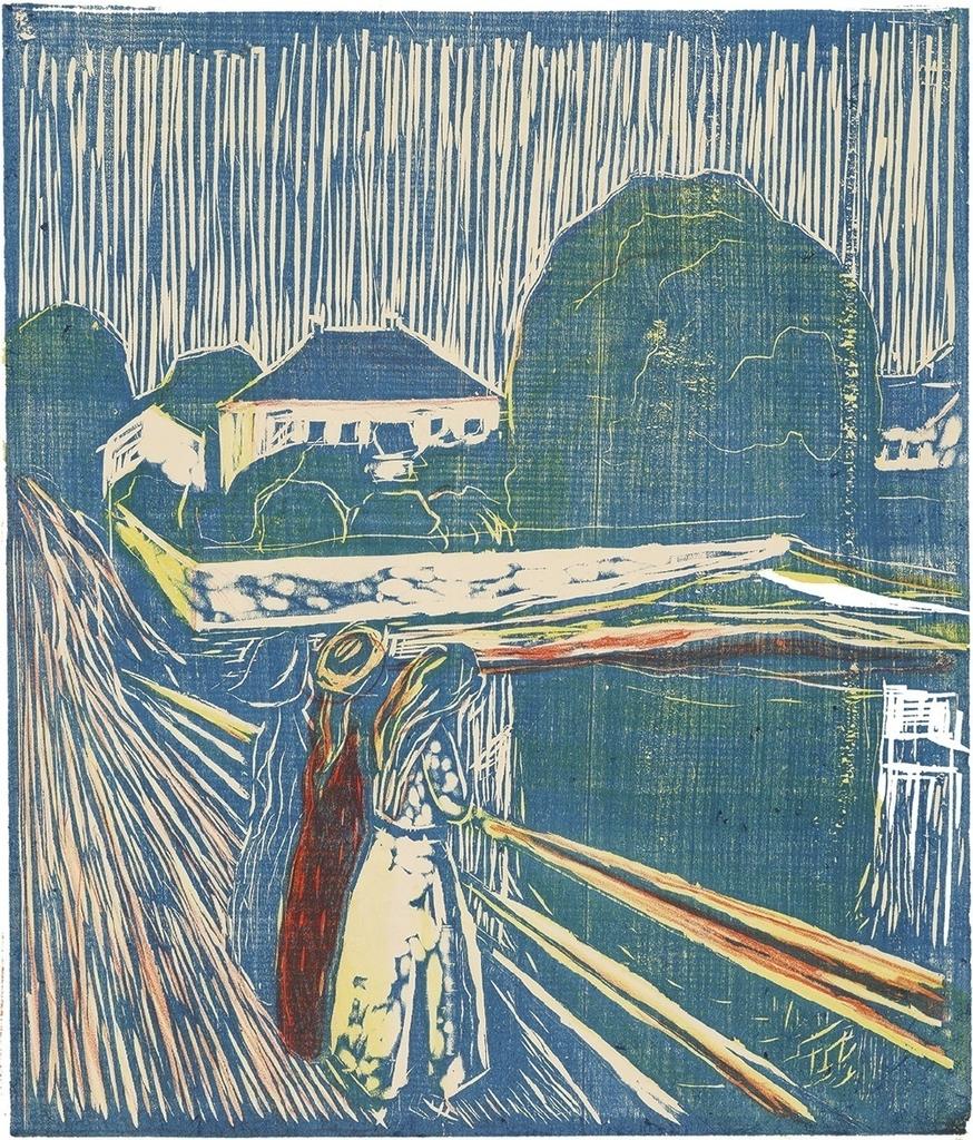 Edvard Munch, Les jeunes filles sur le pont, 1918. Gravure sur bois et zincographie, 49,6 x 43 cm. Oslo, Munchmuseet.