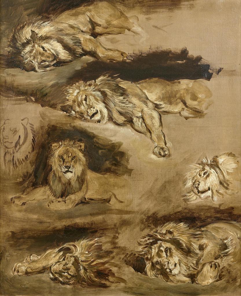 Eugène Delacroix (1798-1863), Étude de lions couchés. Huile sur toile (châssis d’origine), 61 x 50 cm. Vente Paris Drouot, Daguerre, 28 mars 2025. Expert : Cabinet Turquin. Estimé : 200 000/300 000 € Adjugé : 455 000 € (frais inclus).