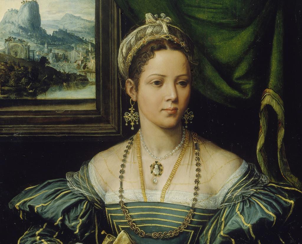 Attribué à Girolamo da Carpi (Ferrare 1501-Ferrare 1556), Portrait de dame (Renée de France ?) (détail) vers 1530-1540. Huile sur bois, 113,7 x 79 cm. Francfort-sur-le-Main, Städel Museum, inv. 946.