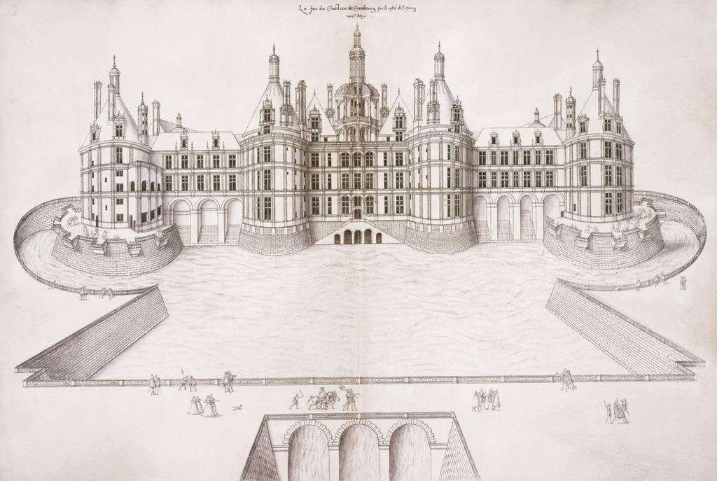 Vue de la façade nord du château de Chambord, Jacques Androuet du Cerceau, vers 1570. Plume et encre noire, lavis gris sur vélin, 51,4 × 74,9 cm. Londres, British Museum.