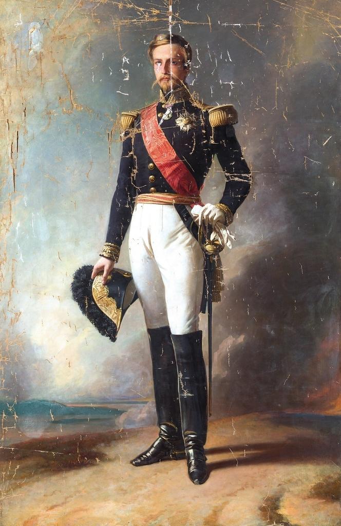 Franz Xaver Winterhalter, Portrait d’Henri d’Orléans, duc d’Aumale, 1843, en cours de restauration. Huile sur toile, 218 x 142 cm. Chantilly, château de Chantilly, dépôt du musée national du château de Versailles et des Trianons, inv. 10004.