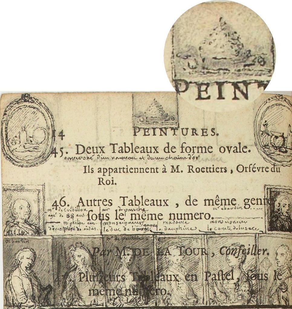 Dessin de Gabriel de Saint-Aubin d’après le tableau exposé au Salon de 1761 esquissé sur la page 14 de son exemplaire du livret. Paris, Bibliothèque nationale de France.
