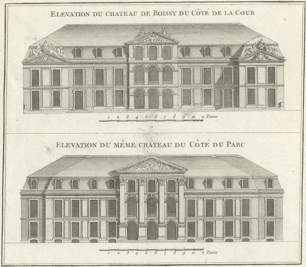 Georges-Louis Le Rouge, Élévation du château de Roissy du côté de la cour. Élévation du même château du côté du parc dans Jardins anglo-chinois, cahier III, 1775-1789. Gravure. Bibliothèque nationale de France.