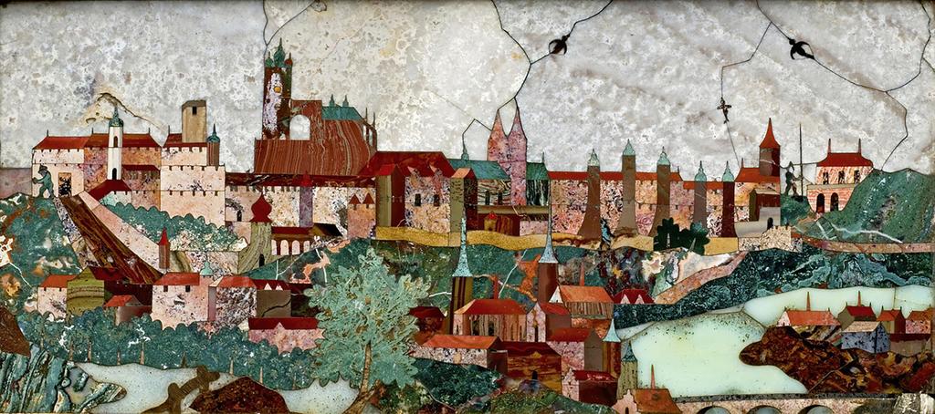 Giovanni Castrucci († en 1615), Vue du château de Prague. Commesso de jaspes et d’agates, 18,5 x 34 cm. Prague, Uměleckoprůmyslové museum. 