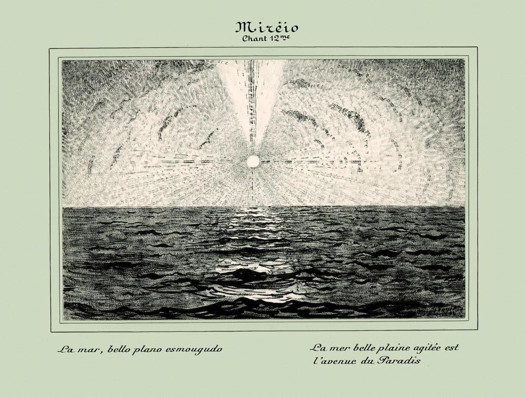 Gustave Fayet (1865-1925), « La mer belle plaine agitée est l’avenue du Paradis », illustration de Mirèio/Mireille (Frédéric Mistral), 1922. Calame et encre de Chine sur papier, 48 x 62,8 cm. 