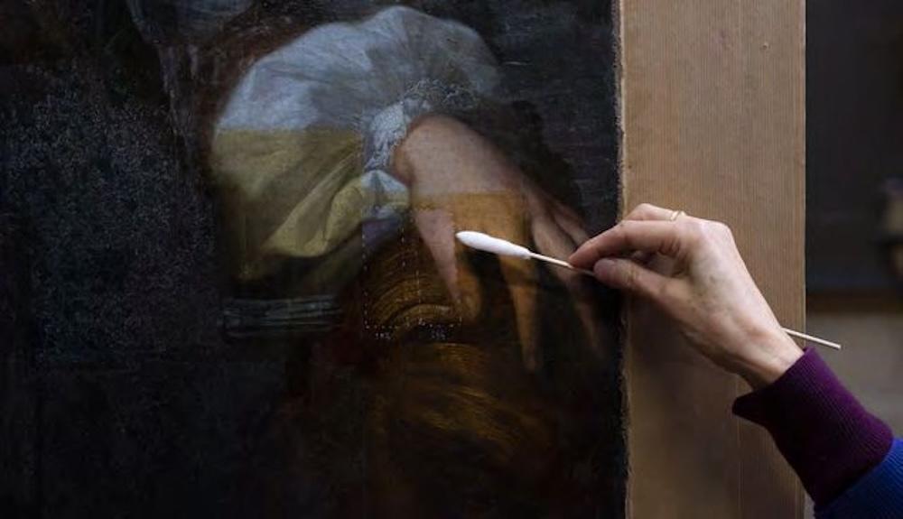 Détail du tableau en cours de restauration.