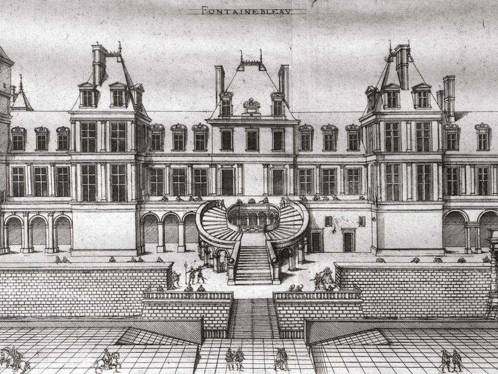 Jacques Androuet du Cerceau, Le château de Fontainebleau. Dessin. Château de Fontainebleau, Archives photographiques de la conservation. Le pont-levis est illustré mais les fortifications autour de l’escalier ne le sont pas.