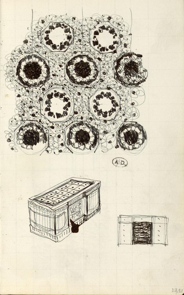 Jacques-Émile Ruhlmann, croquis d’ornements et de meubles, 1918. Papier, encre noire. 