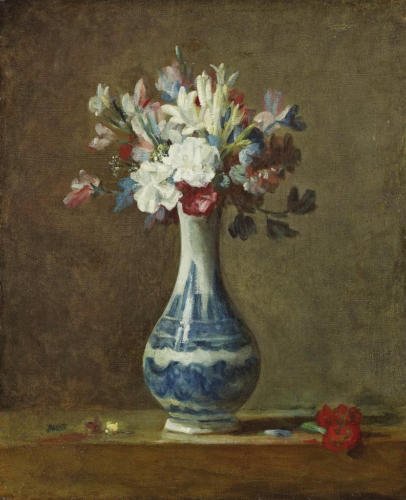 Jean-Baptiste Siméon Chardin (1699-1779), Bouquet d’œillets, de tubéreuses et de pois de senteur dans un vase de porcelaine blanche à motifs bleus, vers 1760. Huile sur toile, 45,2 x 37,1 cm. Édimbourg, National Galleries of Scotland.