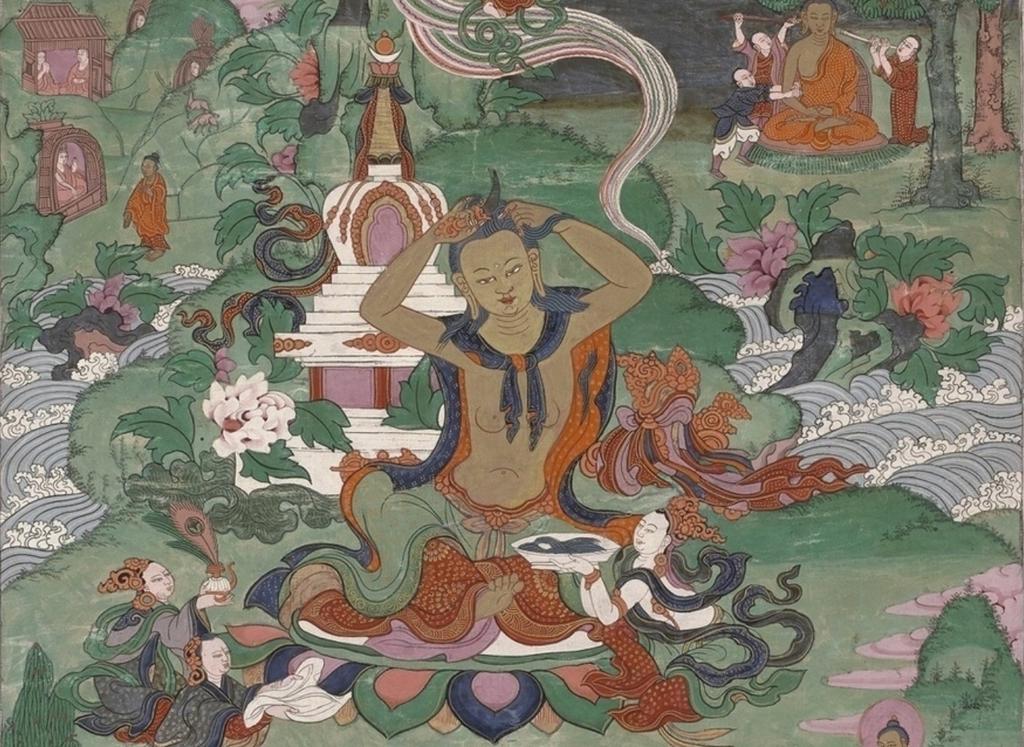 Thangka d’une suite consacrée aux principaux épisodes de la vie du Bouddha (détail). Tibet oriental, seconde moitié du XIXᵉ siècle. Xylographie peinte sur toile, H. 72 ; L. 45,5 cm (peinture seule). Paris, musée national des Arts asiatiques - Guimet, don Jacques Bacot (1912), MG 16524.