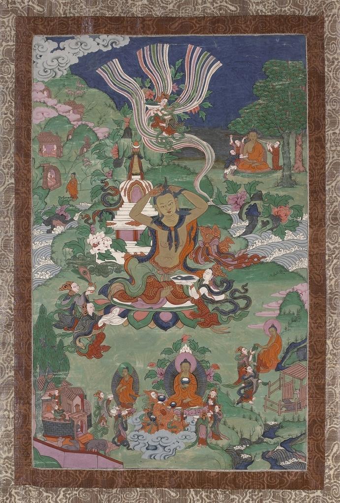 Thangka d’une suite consacrée aux principaux épisodes de la vie du Bouddha. Tibet oriental, seconde moitié du XIXᵉ siècle. Xylographie peinte sur toile, H. 72 ; L. 45,5 cm (peinture seule). Paris, musée national des Arts asiatiques - Guimet, don Jacques Bacot (1912), MG 16524.