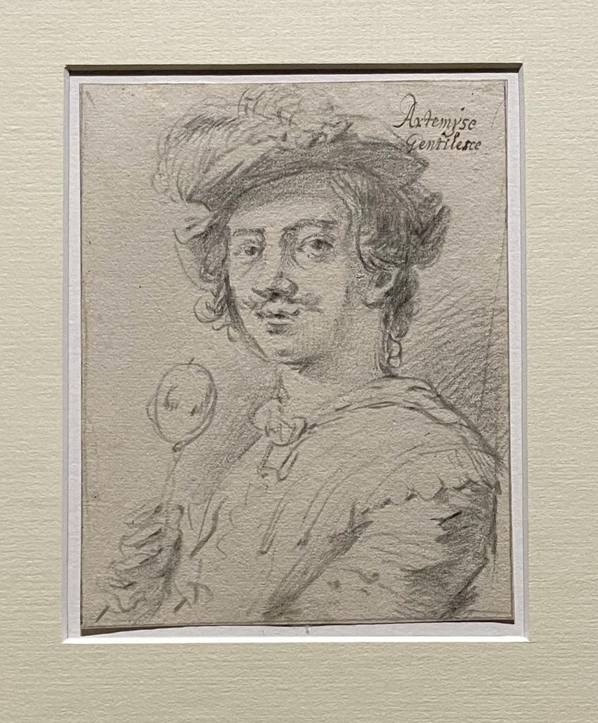 Leonaert Bramer (1596-1674), Portrait d’Artemisia Gentileschi en homme à moustache, 1620. Pierre noire, plume et encre brune sur papier, 14 x 11 cm. Bruxelles, musées royaux des Beaux-Arts de Belgique. 