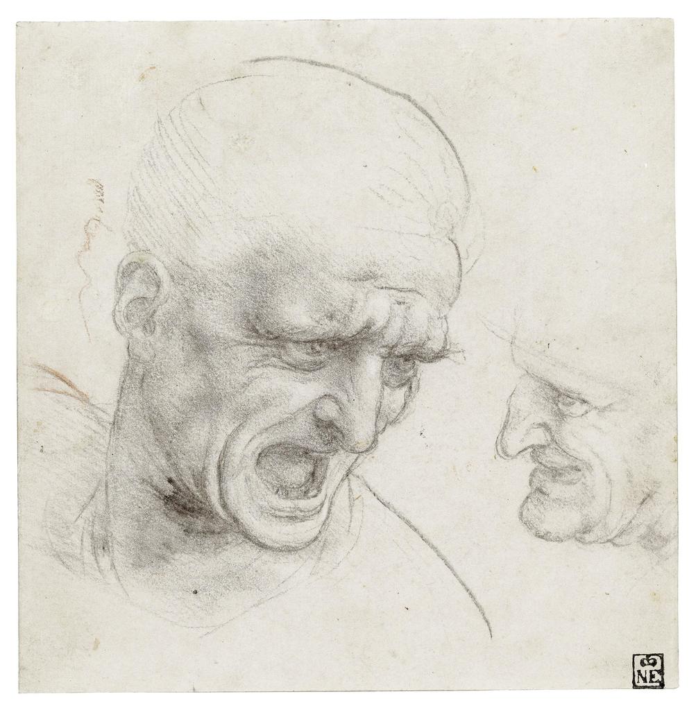 Léonard de Vinci (1452-1519), Études de tête, vers 1504-1505. Craie noire douce ou fusain et traces de sanguine sur papier, 19,1 x 18,8 cm. Acheté à la Collection Esterházy, 1871. 