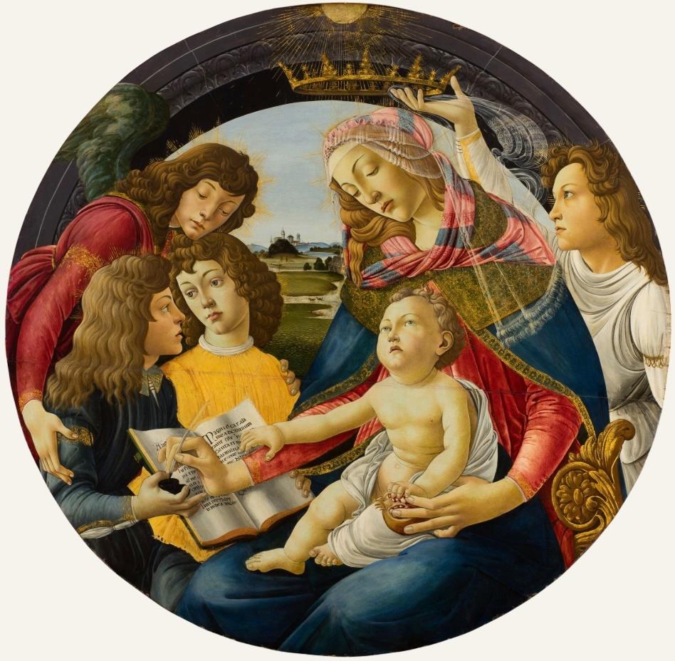 Maître des Bâtiments gothiques (Jacopo Foschi ?, actif à Florence vers 1485–vers 1520) d’après Botticelli, La Vierge du Magnificat, années 1490. Tempera sur bois, D. 114,5 cm. Montpellier, musée Fabre.