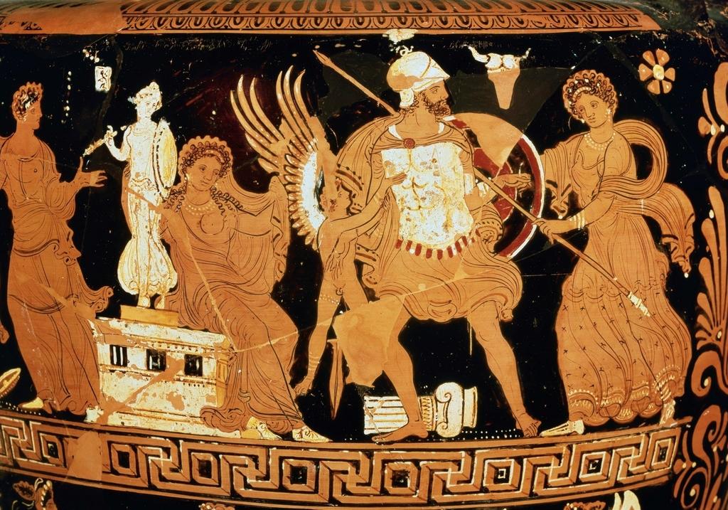 Ménélas et Hélène après la conquête de Troie. 350-340 avant notre ère. Cratère à volutes à figures rouges. Allemagne, Berlin, Antikensammlung (SMPK).