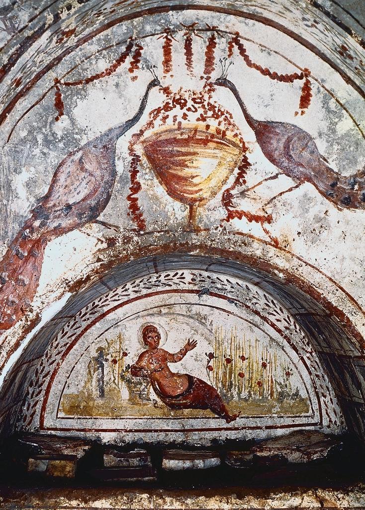 La mort de Cléopâtre, IVᵉ siècle. Fresque. Rome, catacombes de la via Latina.
