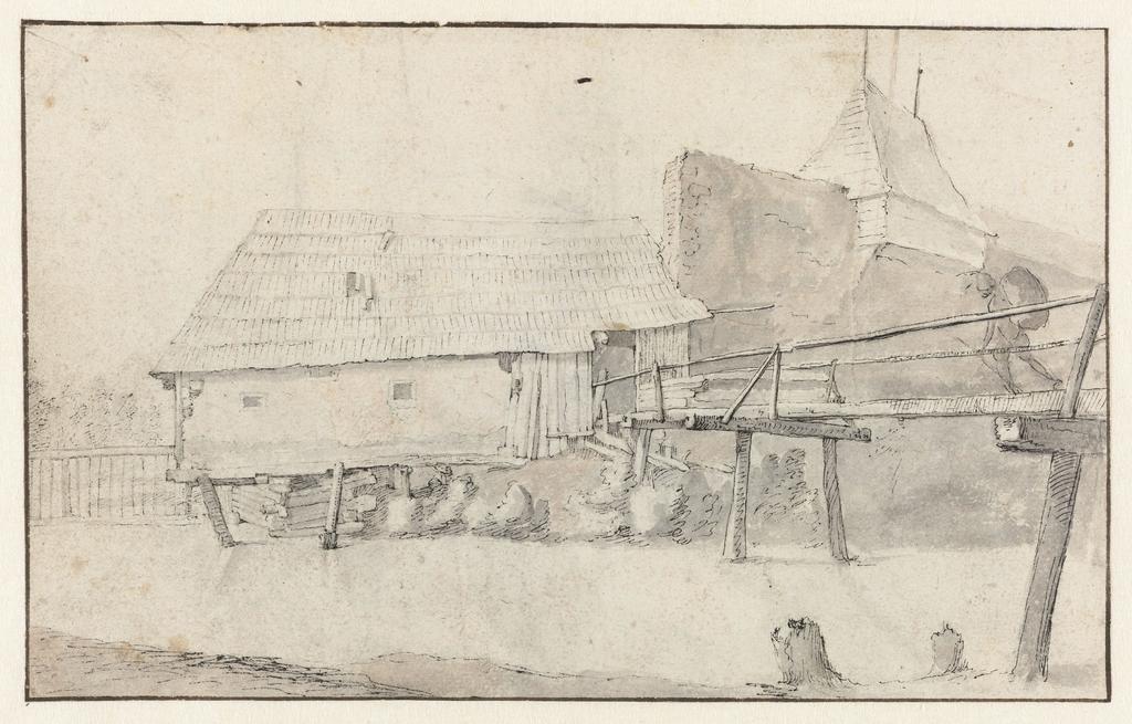 Paulus van Vianen (vers 1570-1613), Pont en bois menant à une maison construite au-dessus d’une rivière, vers 1603. Plume et encre grise, lavis gris et rose, 12 x 19,2 cm. Amsterdam, Rijksmuseum. 