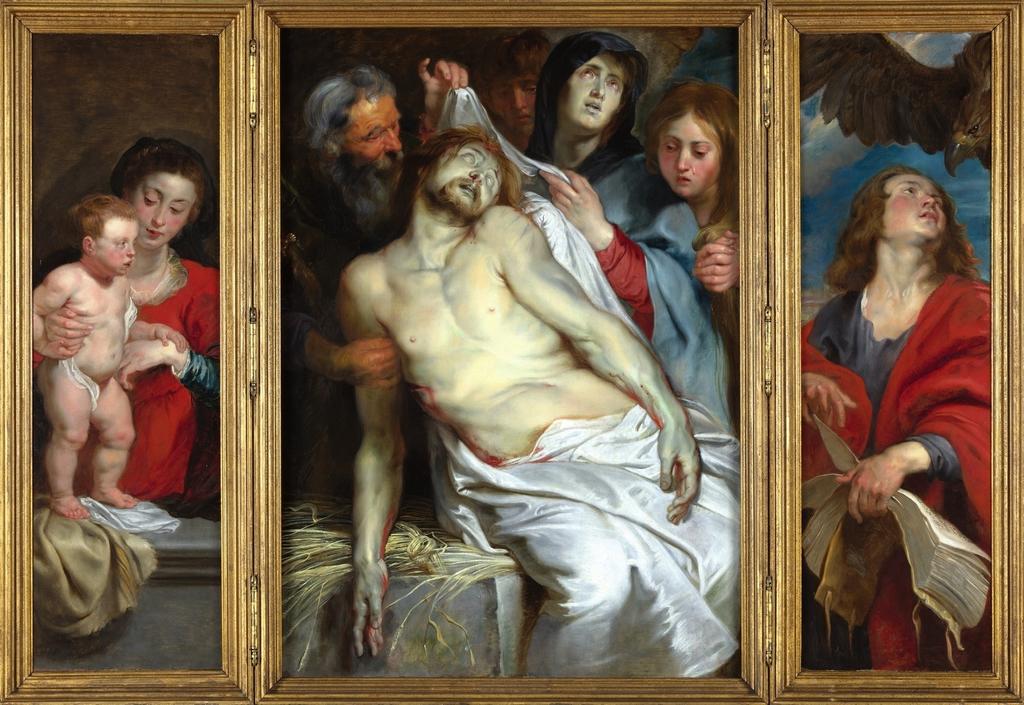 Pierre Paul Rubens (et Antoine Van Dyck ?), Épitaphe de Jan Michielsen et de son épouse Maria Maes (Déploration du Christ mort encadrée, à gauche, d’une Madone à l’Enfant et, à droite, de Saint Jean l’Évangéliste), 1618. Huile sur panneau, 138 x 178 cm (l’ensemble). Anvers, Musée royal des beaux-arts.