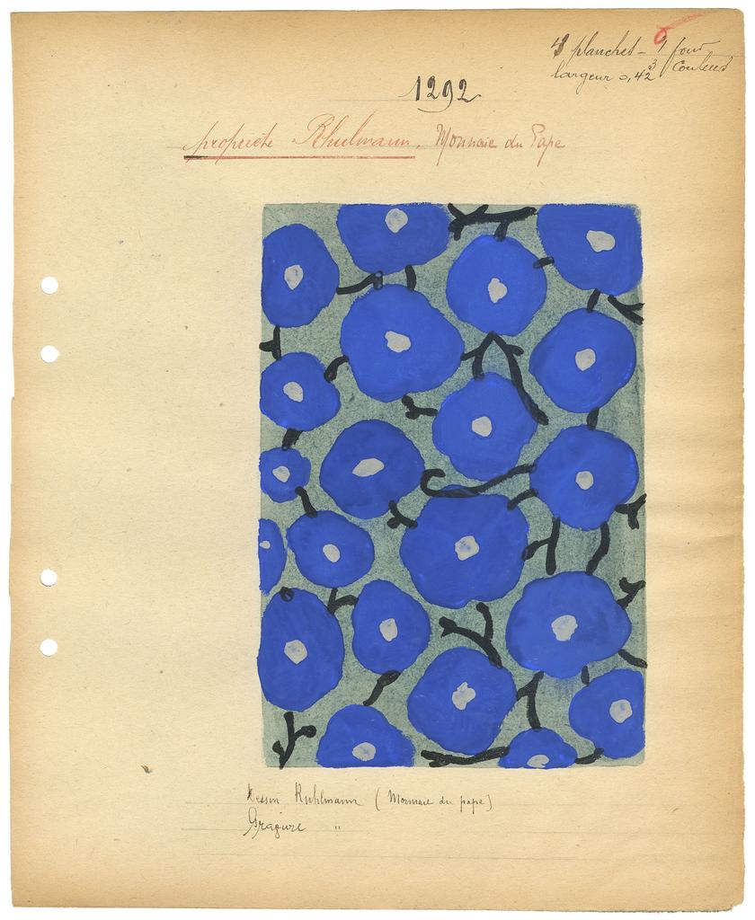 Jacques-Émile Ruhlmann (1879-1933) pour la Société anonyme des Anciens Établissements Desfossé & Karth, pochon de papier peint Monnaie du pape, 1914-1917. Papier, gouache.