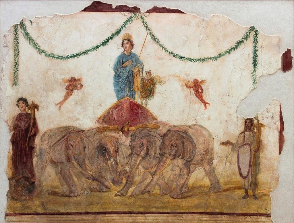Vénus sur son char tiré par des éléphants. Ier siècle. Fresque, 151 × 196 cm. Pompei, Officina dei Feltrai (IX 7, 5). Parc archéologique de Pompéi.