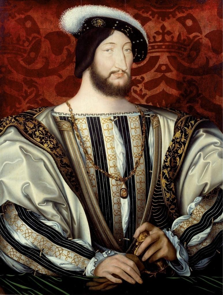 Portrait de François Iᵉʳ par Jean Clouet, vers 1530. Huile sur bois, 96 x 74 cm. Paris, musée du Louvre.