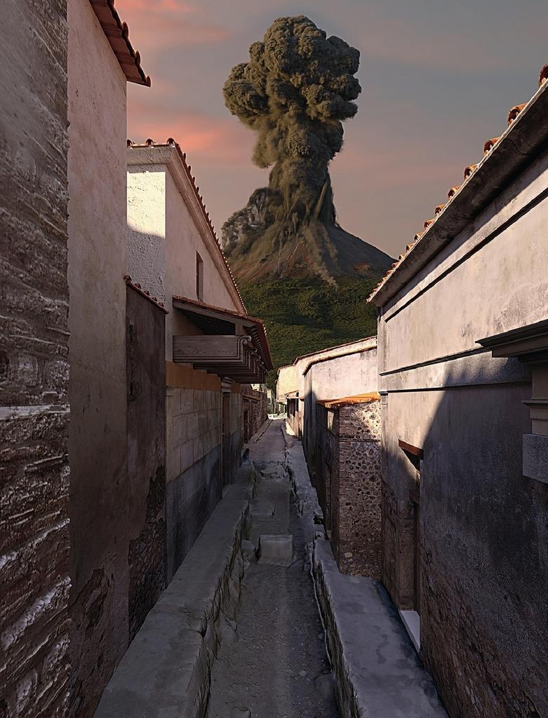 Reconstitution en 3D de la rue de Pompéi fouillée avec vue sur le volcan.