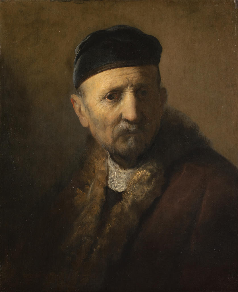 Rembrandt (et/ou atelier), Tronie d’un vieil homme, vers 1630. Huile sur bois, 46,9 x 38,8 cm. La Haye, Mauritshuis. 