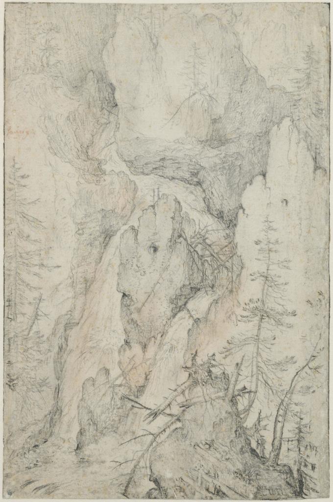 Roelandt Savery, Chute d’eau dans les montagnes. Pierre noire et sanguine, rehauts de craie blanche, 30,7 x 20,2 cm. Paris, Fondation Custodia, Collection Frits Lugt. 